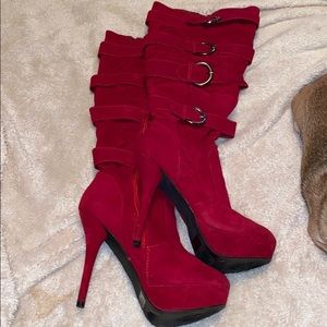 Red velvet buckle boots